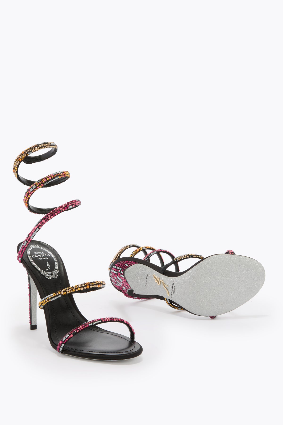 René Caovilla Crystal Spiral Sandals, Multicolour