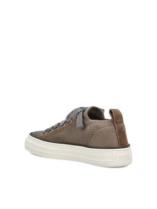 Brunello Cucinelli cotton knit sneakers in brown — rear view | La Parisienne Qatar