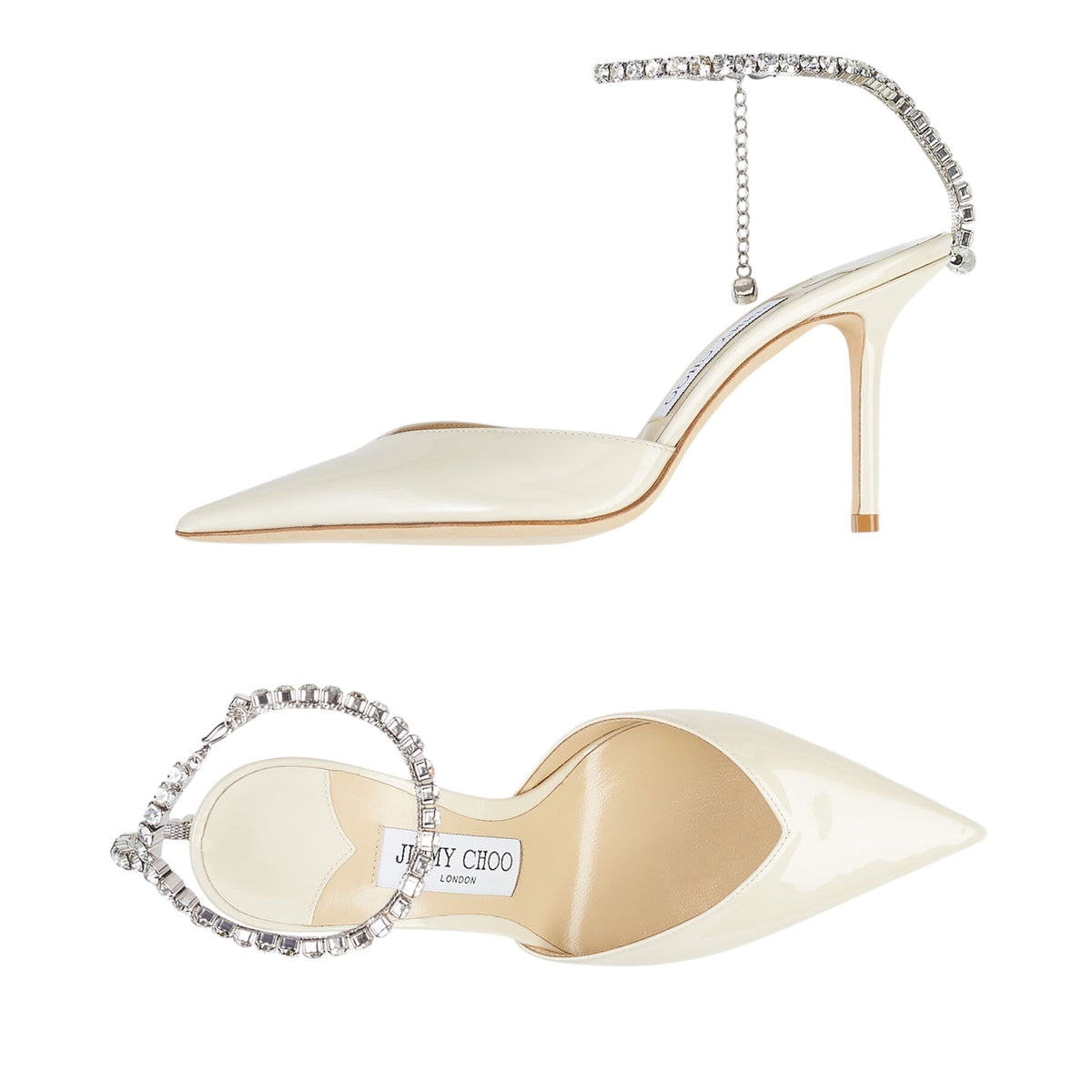 Jimmy Choo Bing 85 pumps in beige patent leather — rear view | La Parisienne Qatar