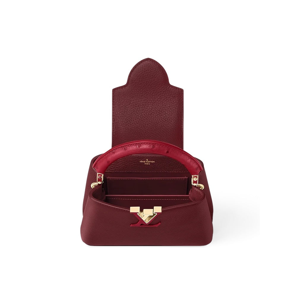 Louis Vuitton Capucines Mini bag in cherry ostrich leather — detail view | La Parisienne Qatar