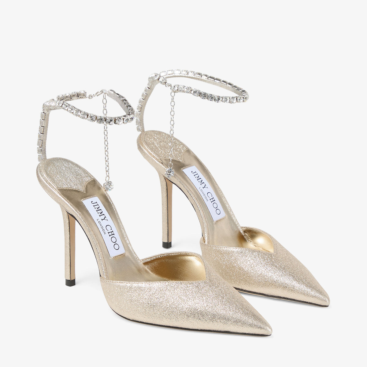 حذاء بكعب Jimmy Choo بحزام كريستال، قماش Brilliance بلاتيني