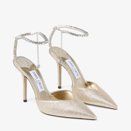 حذاء بكعب Jimmy Choo بحزام كريستال، قماش Brilliance بلاتيني