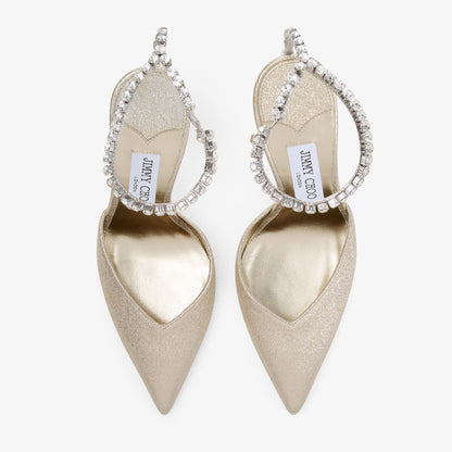 حذاء بكعب Jimmy Choo بحزام كريستال، قماش Brilliance بلاتيني