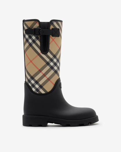 بوت Marsh طويل من Burberry، مطاط بنقشة المربعات أسود وبيج