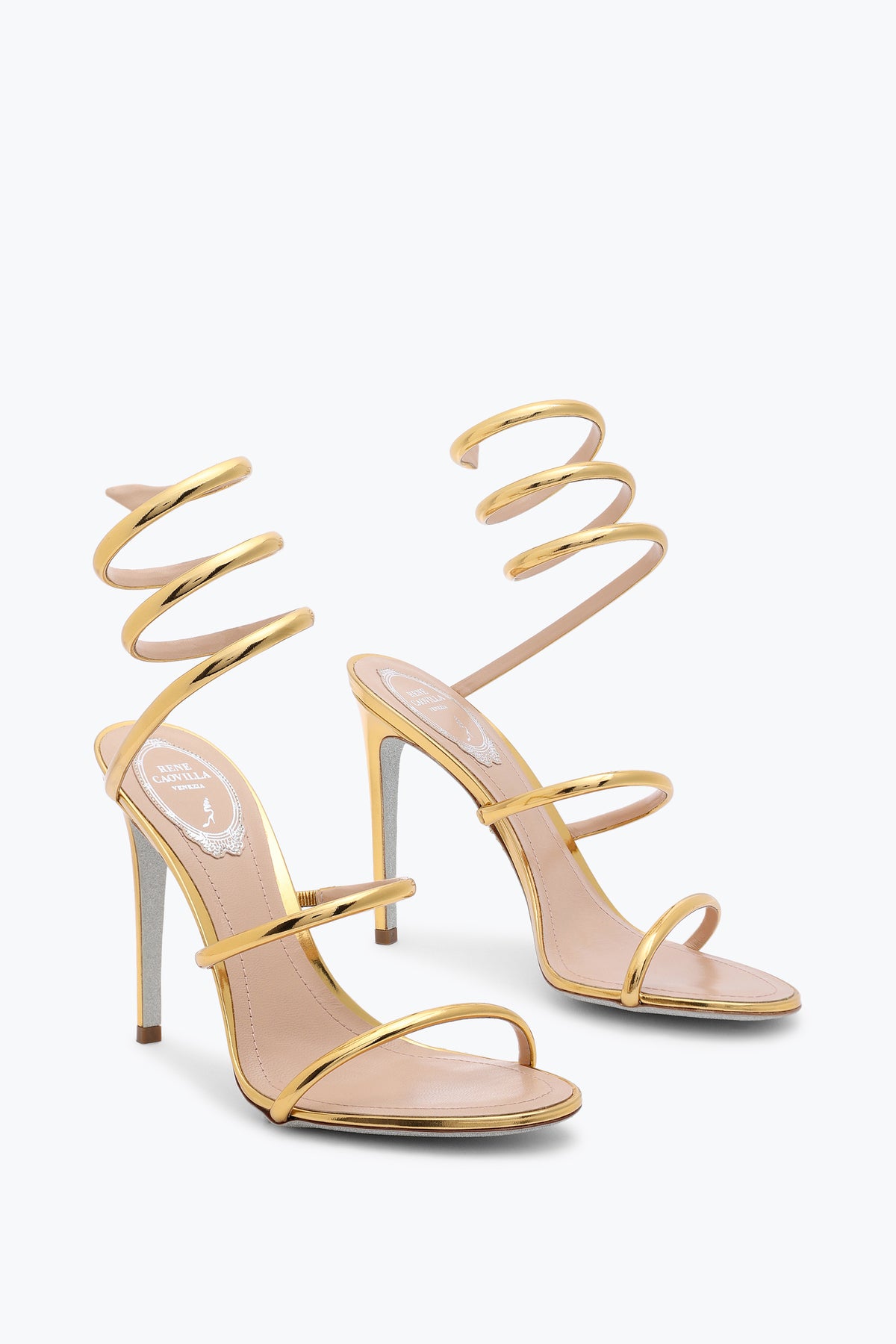 René Caovilla Snake Strap Sandals, Gold Metallic Leather