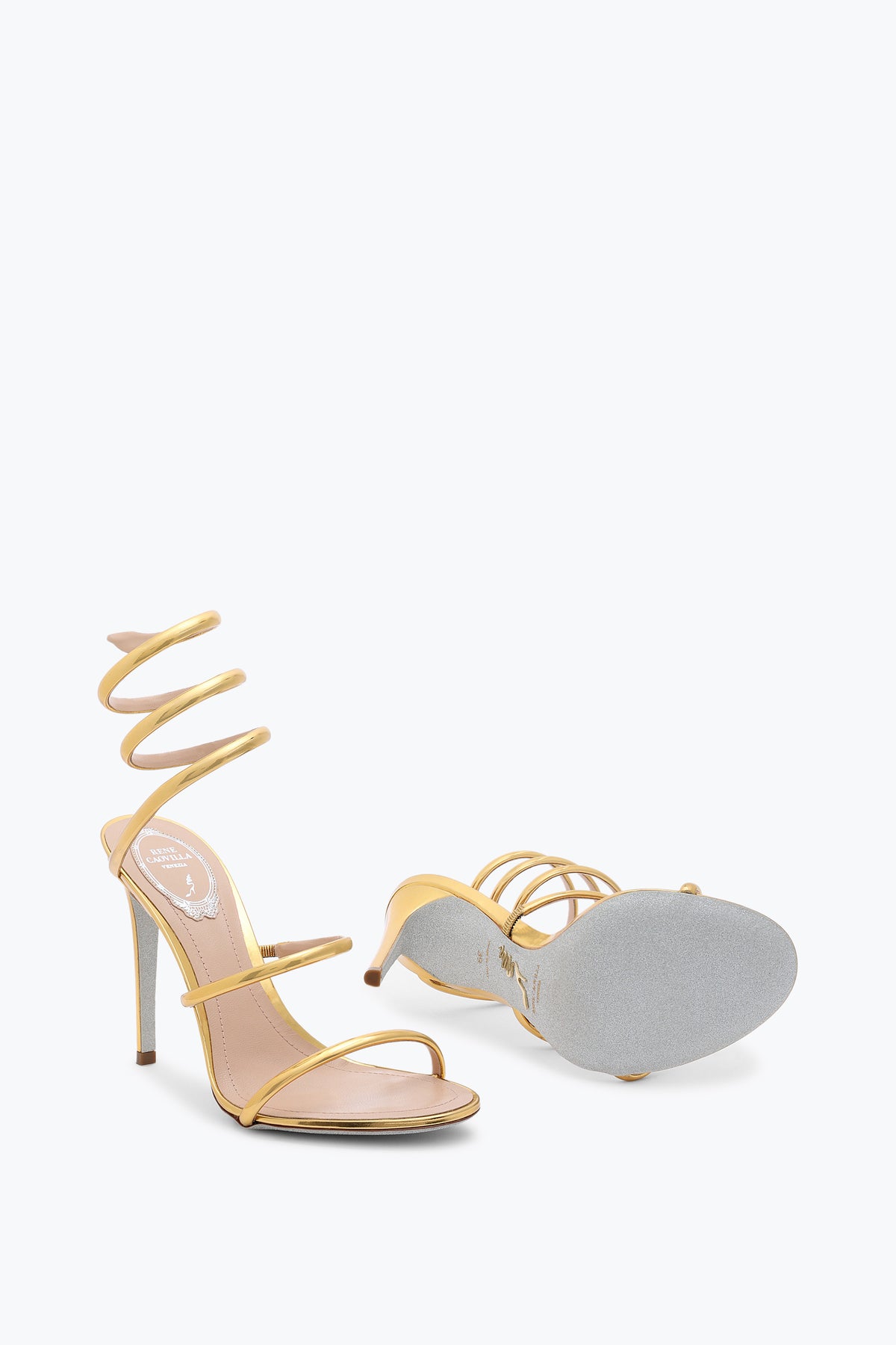 René Caovilla Snake Strap Sandals, Gold Metallic Leather