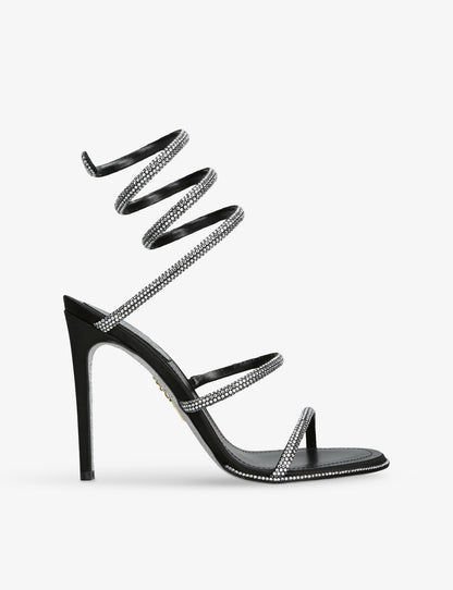 René Caovilla Crystal Snake Sandals, Black Satin