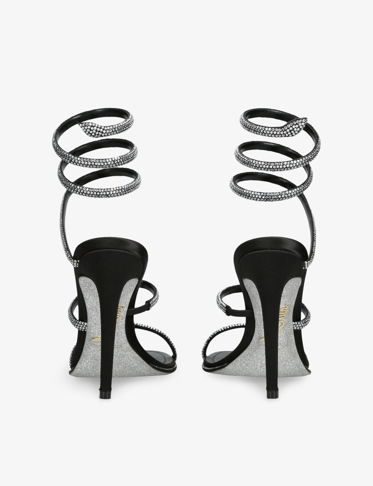 René Caovilla Crystal Snake Sandals, Black Satin