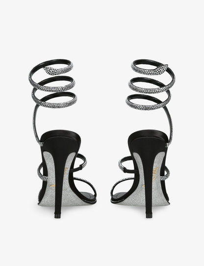 René Caovilla Crystal Snake Sandals, Black Satin