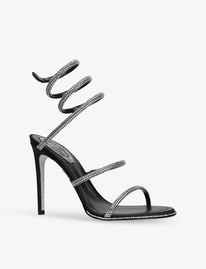 René Caovilla Crystal Snake Sandals, Black Satin