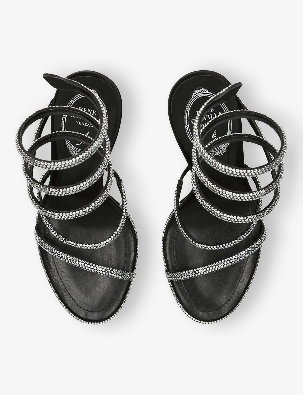 René Caovilla Crystal Snake Sandals, Black Satin