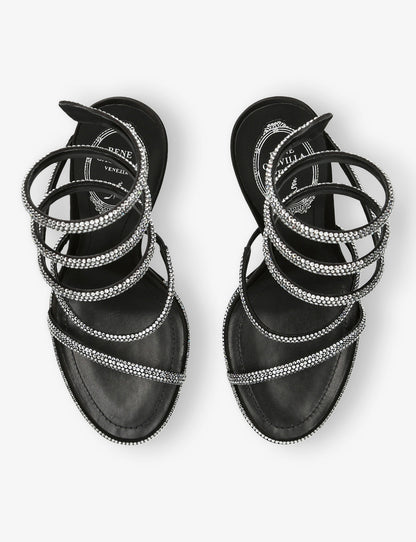 René Caovilla Crystal Snake Sandals, Black Satin