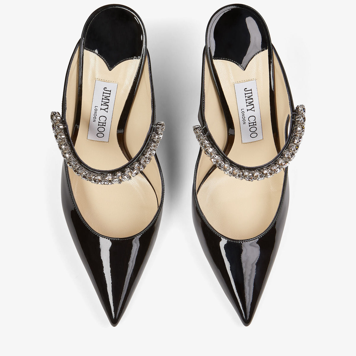 حذاء ميول Bing 100 من Jimmy Choo، جلد لامع أسود بالكريستال