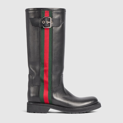 بوت بايكر Web طويل حتى الركبة من Gucci، جلد أسود
