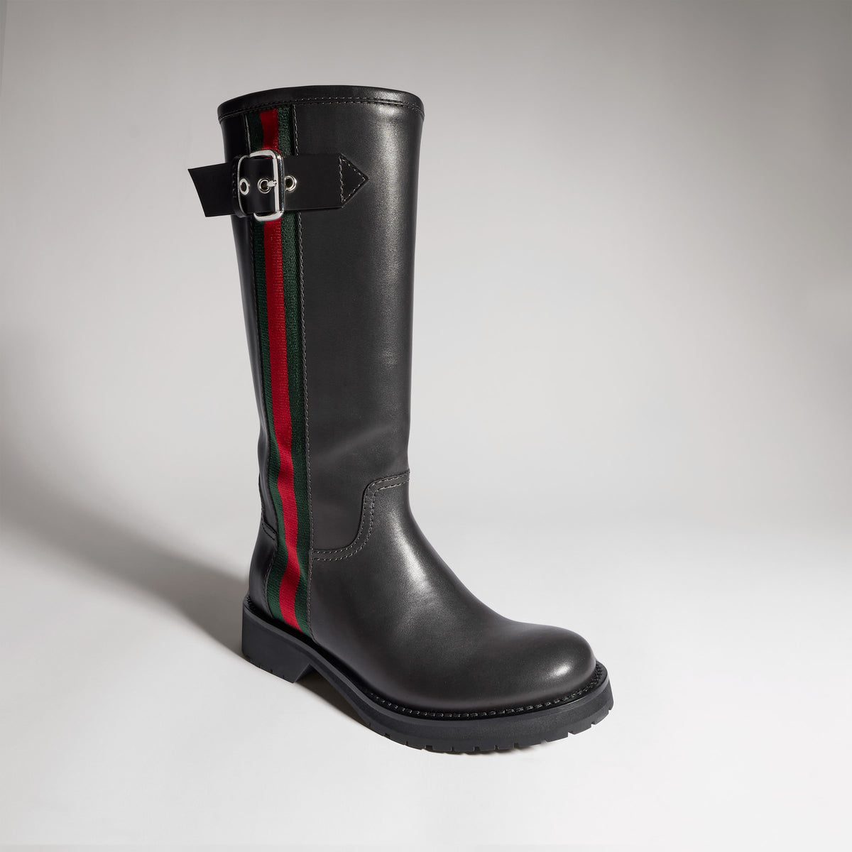 بوت بايكر Web طويل حتى الركبة من Gucci، جلد أسود