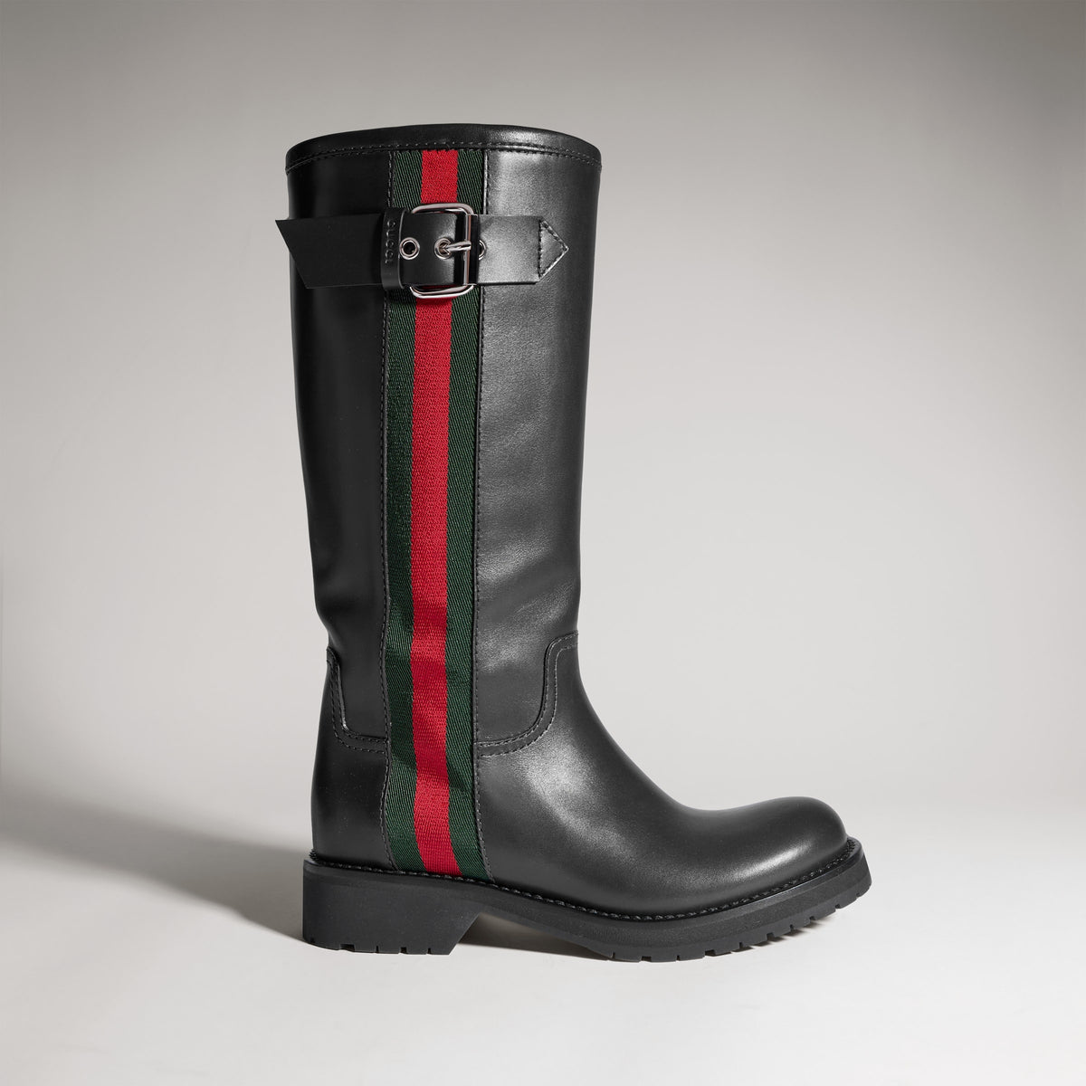 بوت بايكر Web طويل حتى الركبة من Gucci، جلد أسود