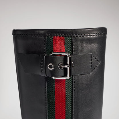 بوت بايكر Web طويل حتى الركبة من Gucci، جلد أسود