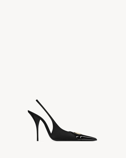 حذاء بكعب Louis بحزام خلفي من Saint Laurent، جلد لامع وساتان أسود