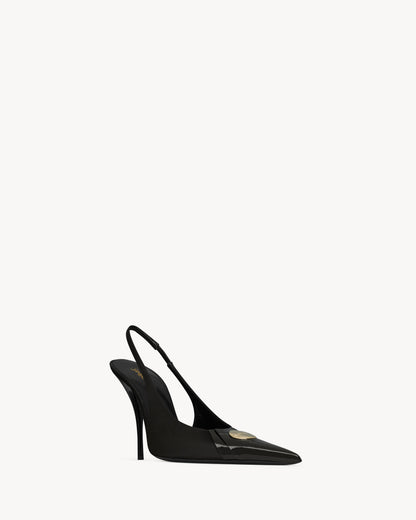 حذاء بكعب Louis بحزام خلفي من Saint Laurent، جلد لامع وساتان أسود