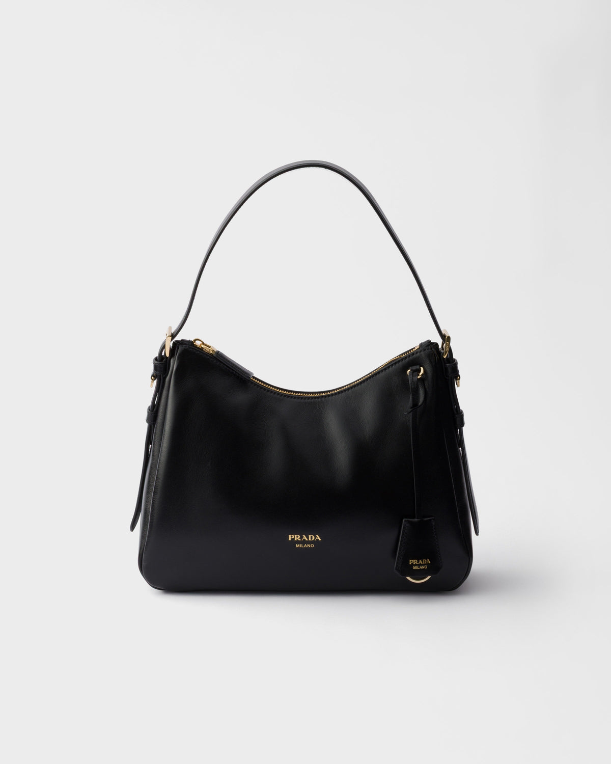 Prada Zip Shoulder Bag, Black Calf Leather
