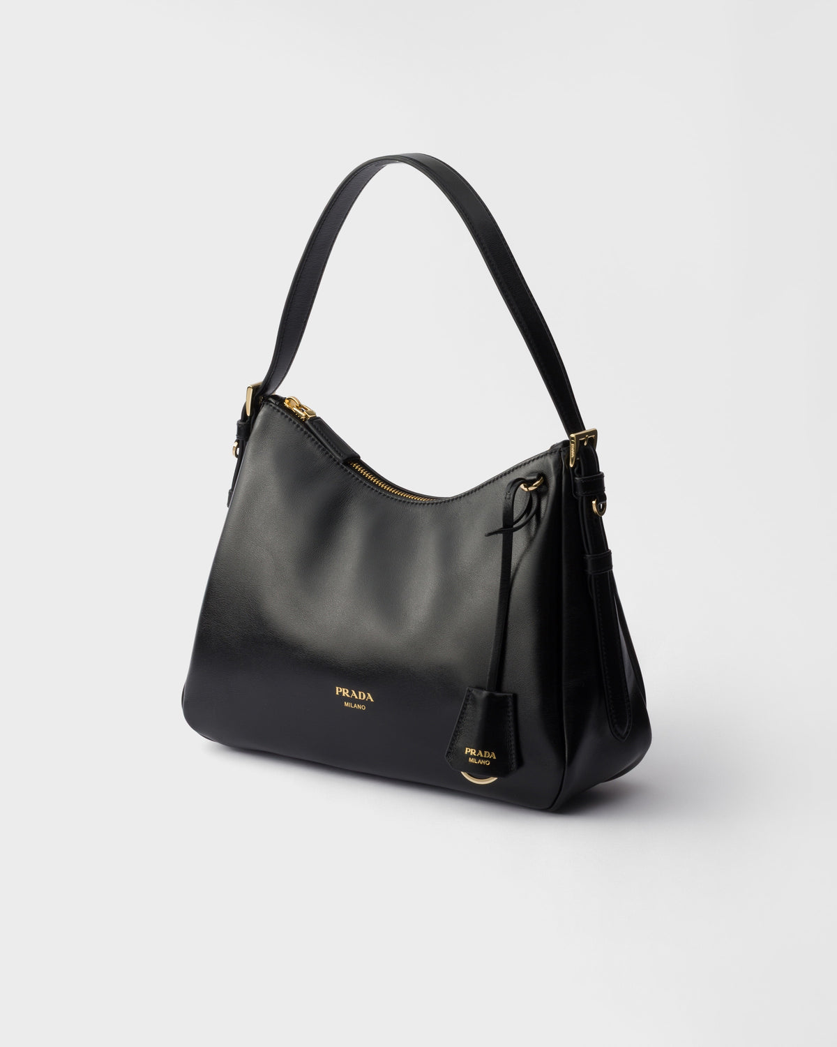 Prada Zip Shoulder Bag, Black Calf Leather