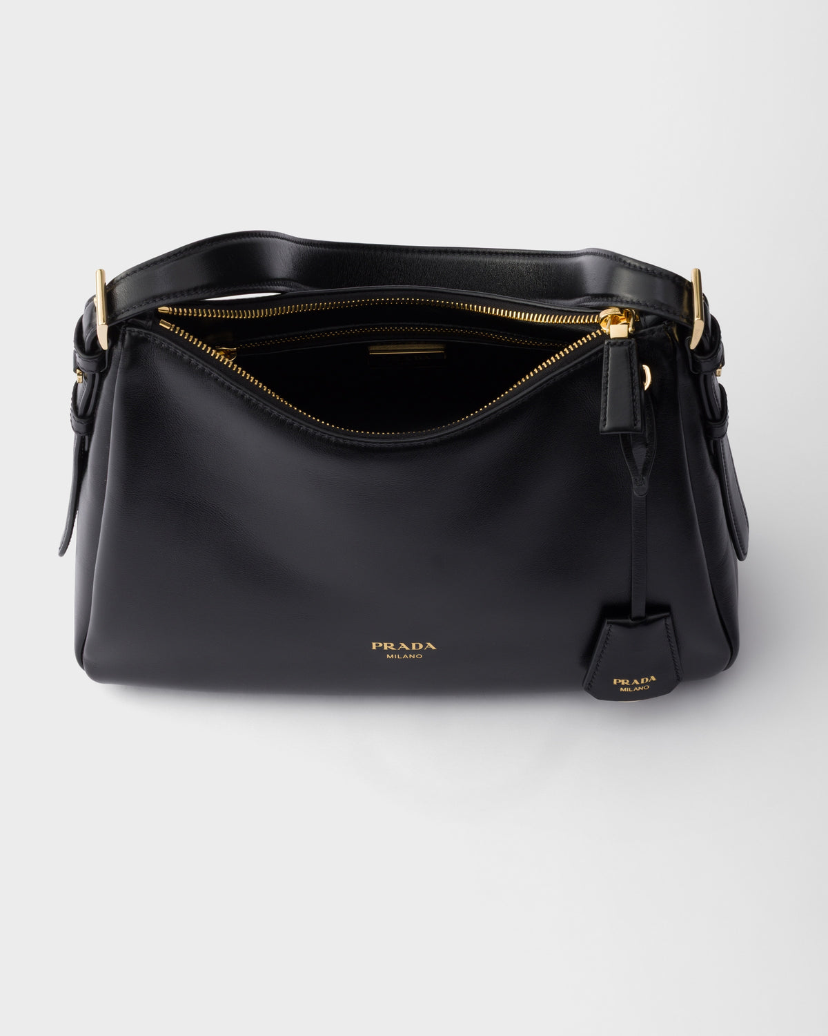 Prada Zip Shoulder Bag, Black Calf Leather