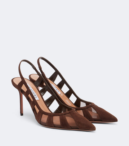 حذاء بكعب من Aquazzura، شامواه وشبك بني، كعب 9 سم