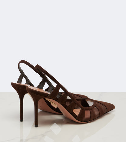 حذاء بكعب من Aquazzura، شامواه وشبك بني، كعب 9 سم