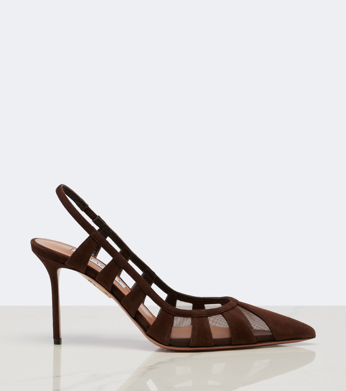 حذاء بكعب من Aquazzura، شامواه وشبك بني، كعب 9 سم