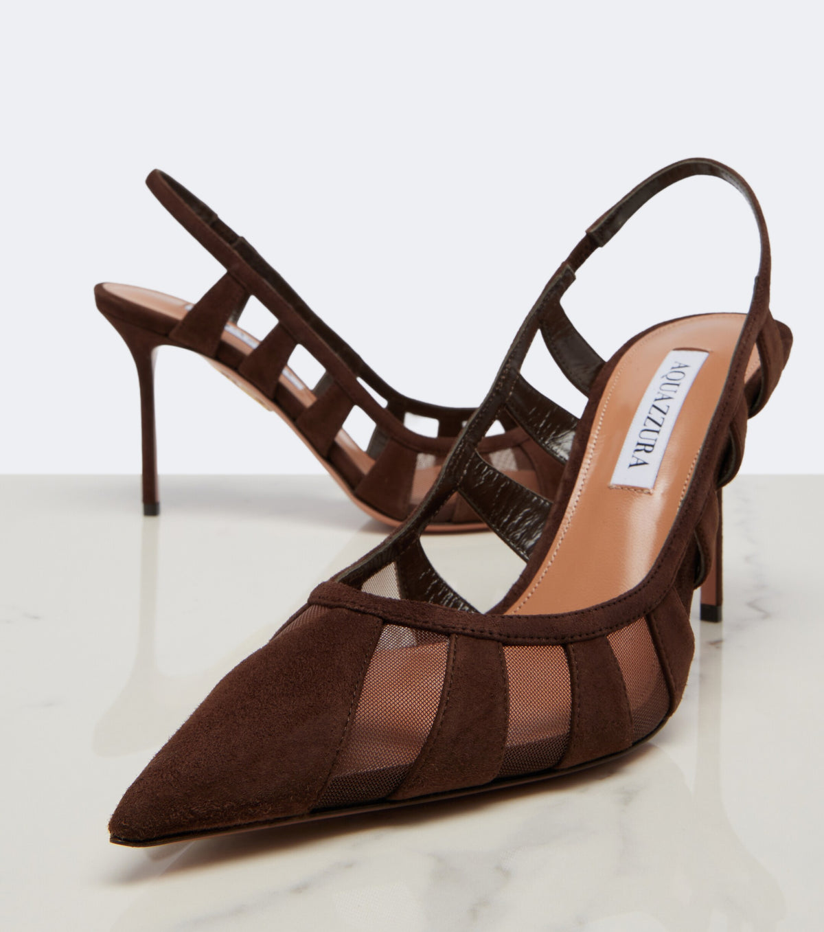 حذاء بكعب من Aquazzura، شامواه وشبك بني، كعب 9 سم