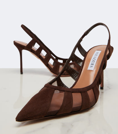 حذاء بكعب من Aquazzura، شامواه وشبك بني، كعب 9 سم