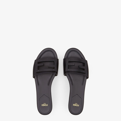 Fendi Baguette Slide Sandal, Black Grained Leather