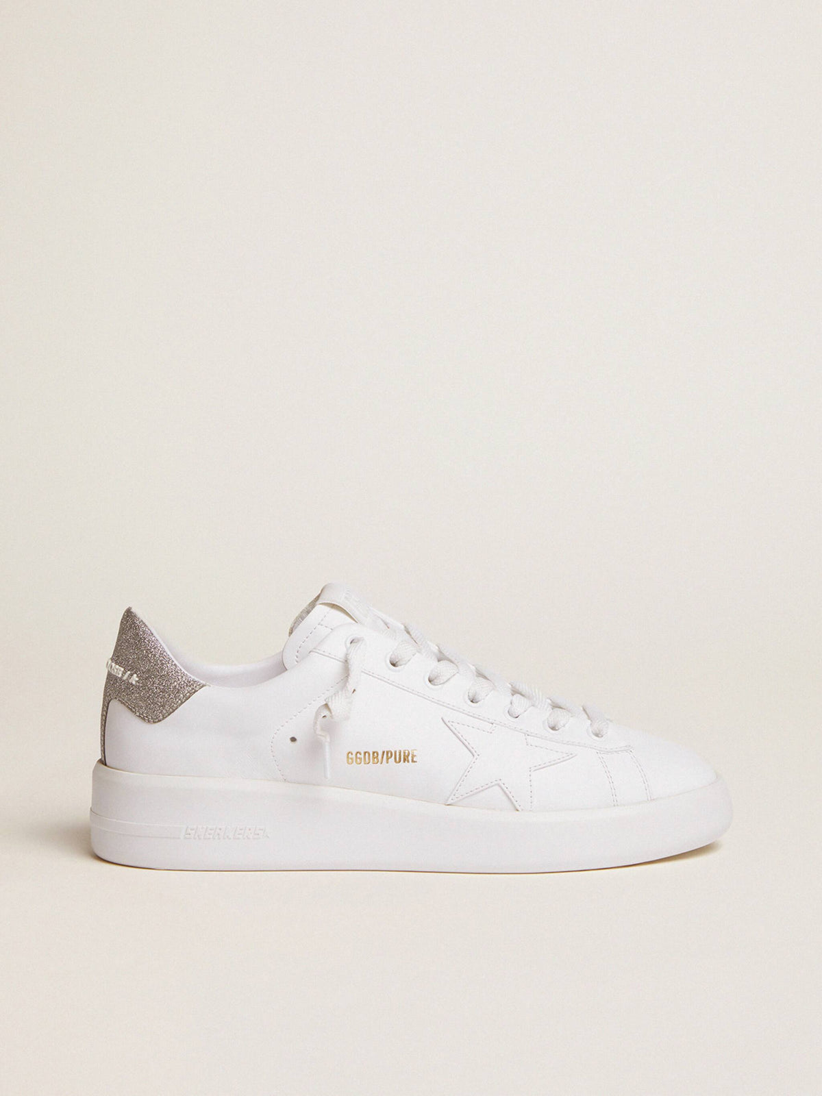 حذاء رياضي Purestar من Golden Goose، جلد أبيض مع بريق فضي