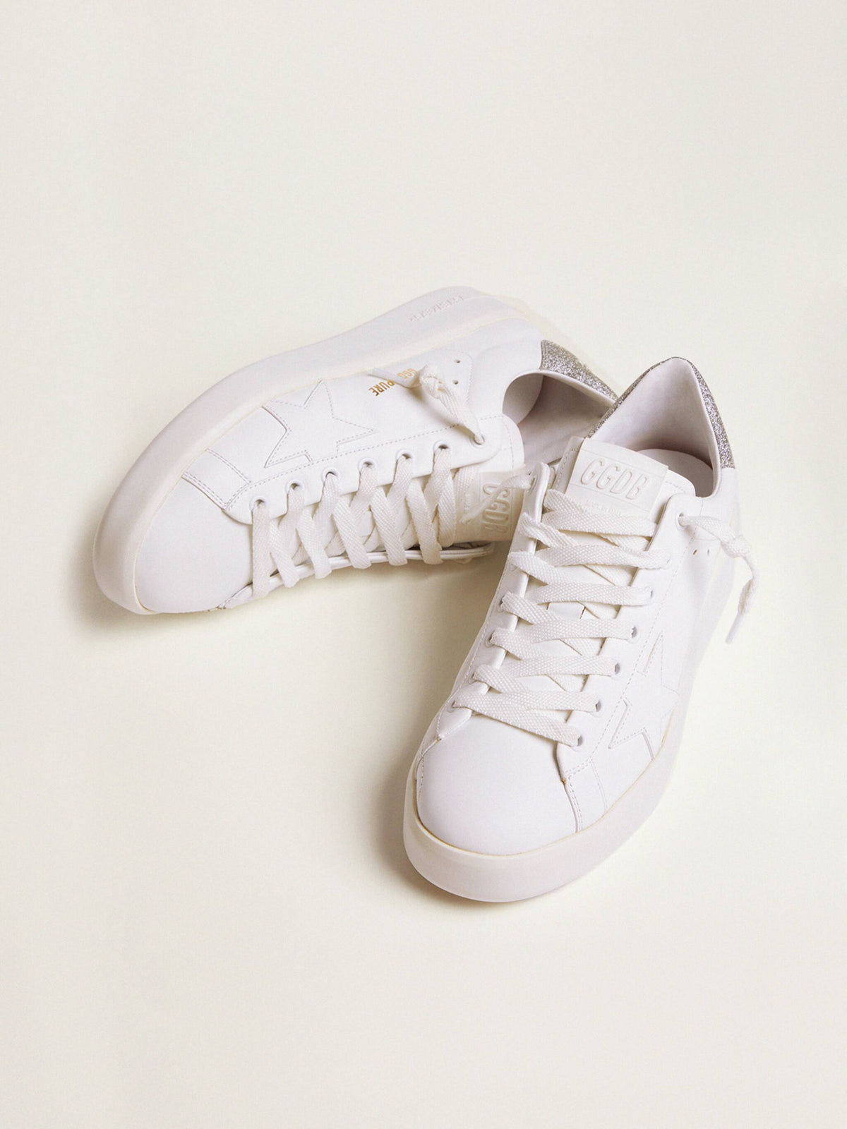 حذاء رياضي Purestar من Golden Goose، جلد أبيض مع بريق فضي