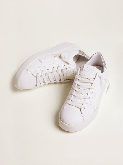 حذاء رياضي Purestar من Golden Goose، جلد أبيض مع بريق فضي