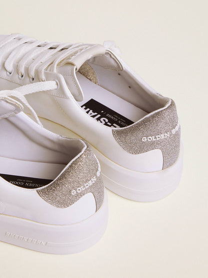 حذاء رياضي Purestar من Golden Goose، جلد أبيض مع بريق فضي