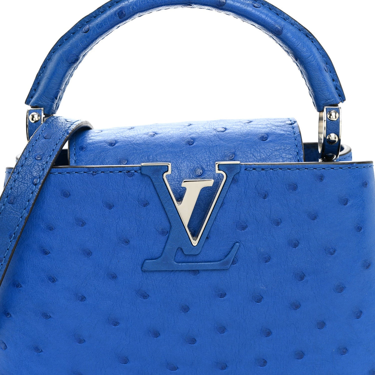 حقيبة Capucines Mini من Louis Vuitton، جلد نعام أزرق ياقوتي