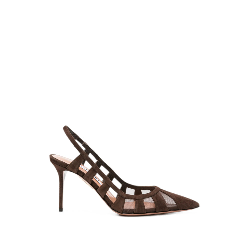 Aquazzura suede and mesh pumps in brown — front view | La Parisienne Qatar