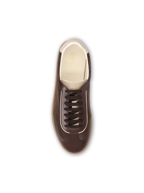 Brunello Cucinelli calfskin and suede sneakers in brown — side profile | La Parisienne Qatar