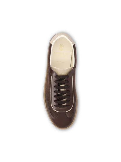 Brunello Cucinelli calfskin and suede sneakers in brown — side profile | La Parisienne Qatar