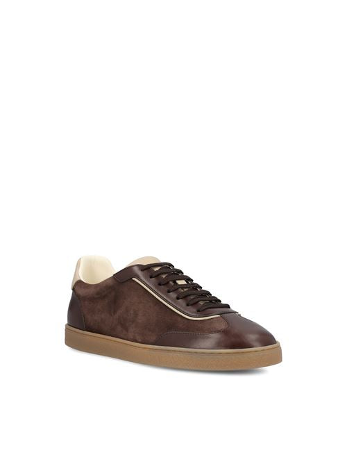 Brunello Cucinelli calfskin and suede sneakers in brown — rear view | La Parisienne Qatar