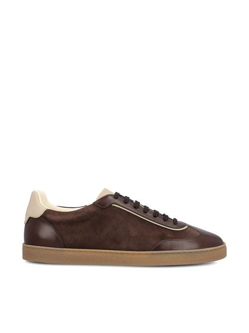 Brunello Cucinelli calfskin and suede sneakers in brown — front view | La Parisienne Qatar