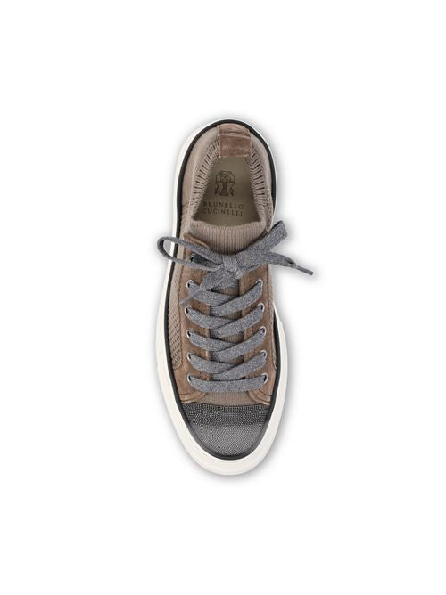 Brunello Cucinelli cotton knit sneakers in brown — side profile | La Parisienne Qatar