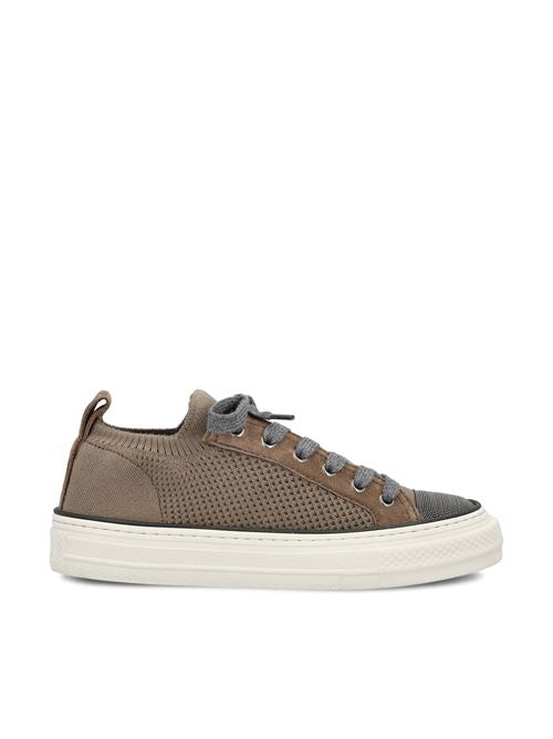 Brunello Cucinelli cotton knit sneakers in brown — front view | La Parisienne Qatar