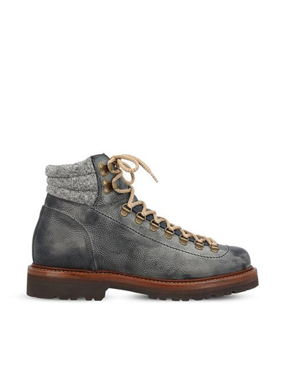 Brunello Cucinelli lace-up boots in blue calfskin — front view | La Parisienne Qatar