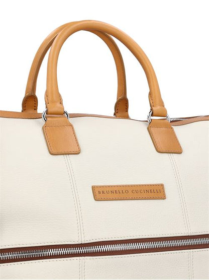 Brunello Cucinelli leather tote bag in beige and brown — side profile | La Parisienne Qatar