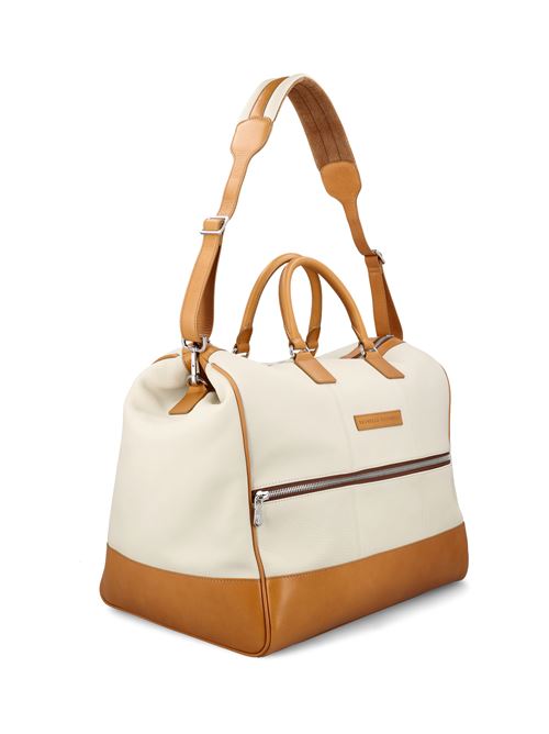 Brunello Cucinelli leather tote bag in beige and brown — detail view | La Parisienne Qatar