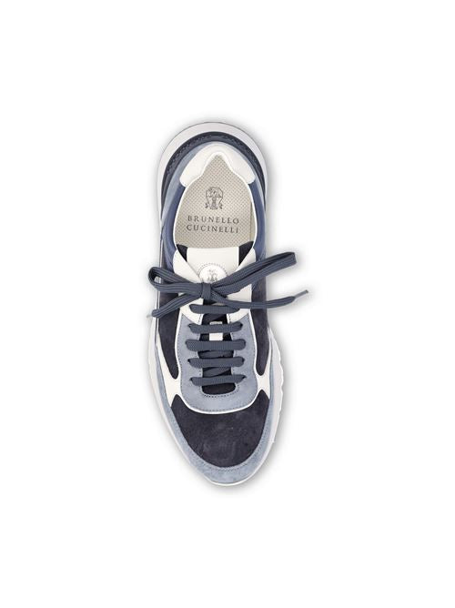Brunello Cucinelli nubuck and suede runner sneakers in light blue — side profile | La Parisienne Qatar