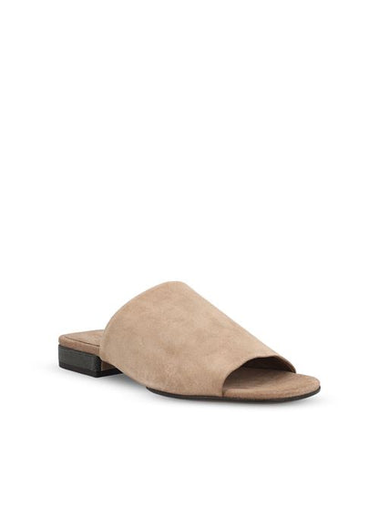 Brunello Cucinelli suede mules in beige — side profile | La Parisienne Qatar