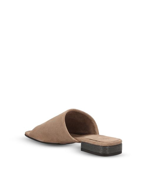 Brunello Cucinelli suede mules in beige — detail view | La Parisienne Qatar